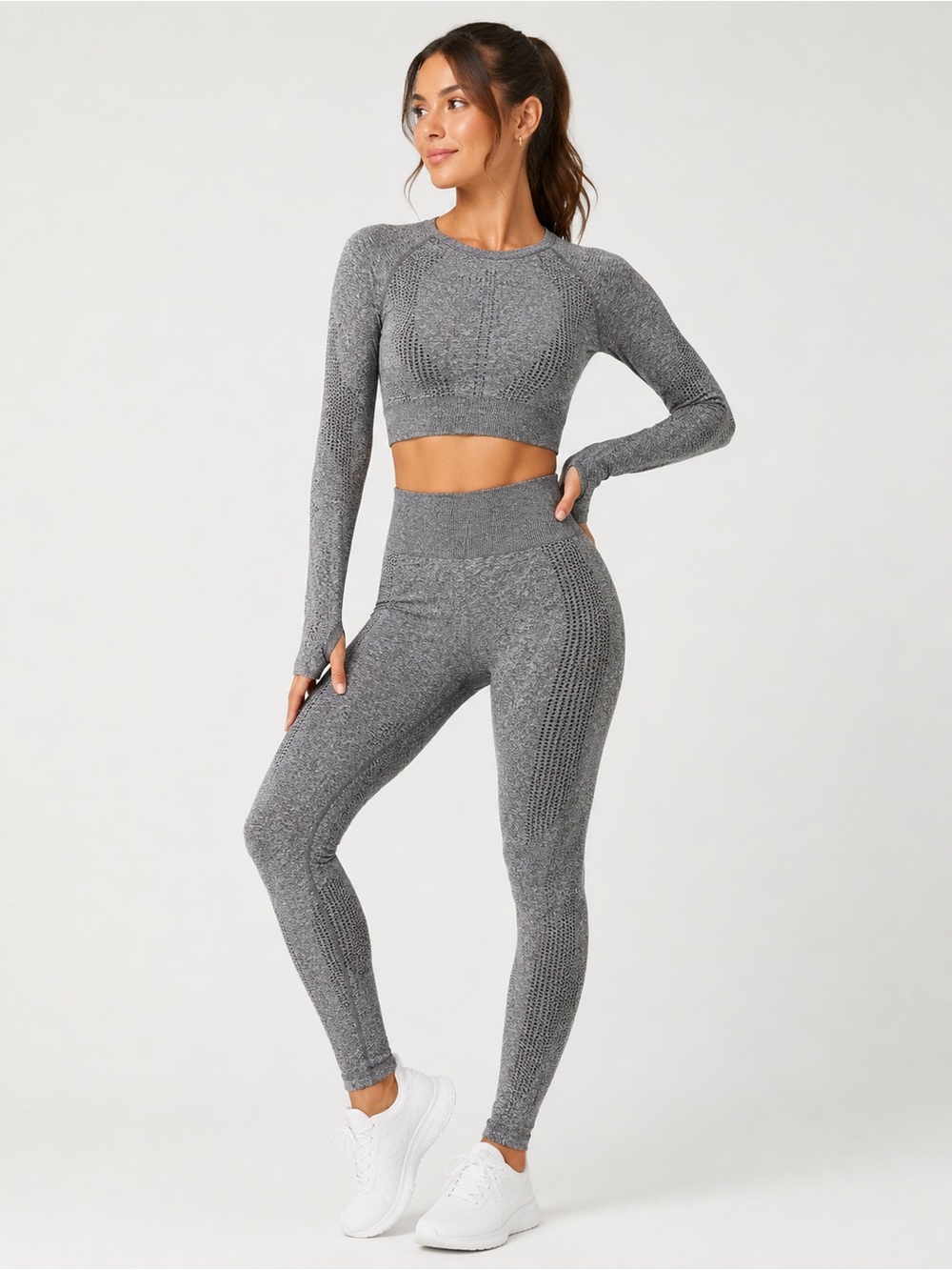 Gray Seamless Athleisure Set Large Crop Top Leggings Workout Two piece